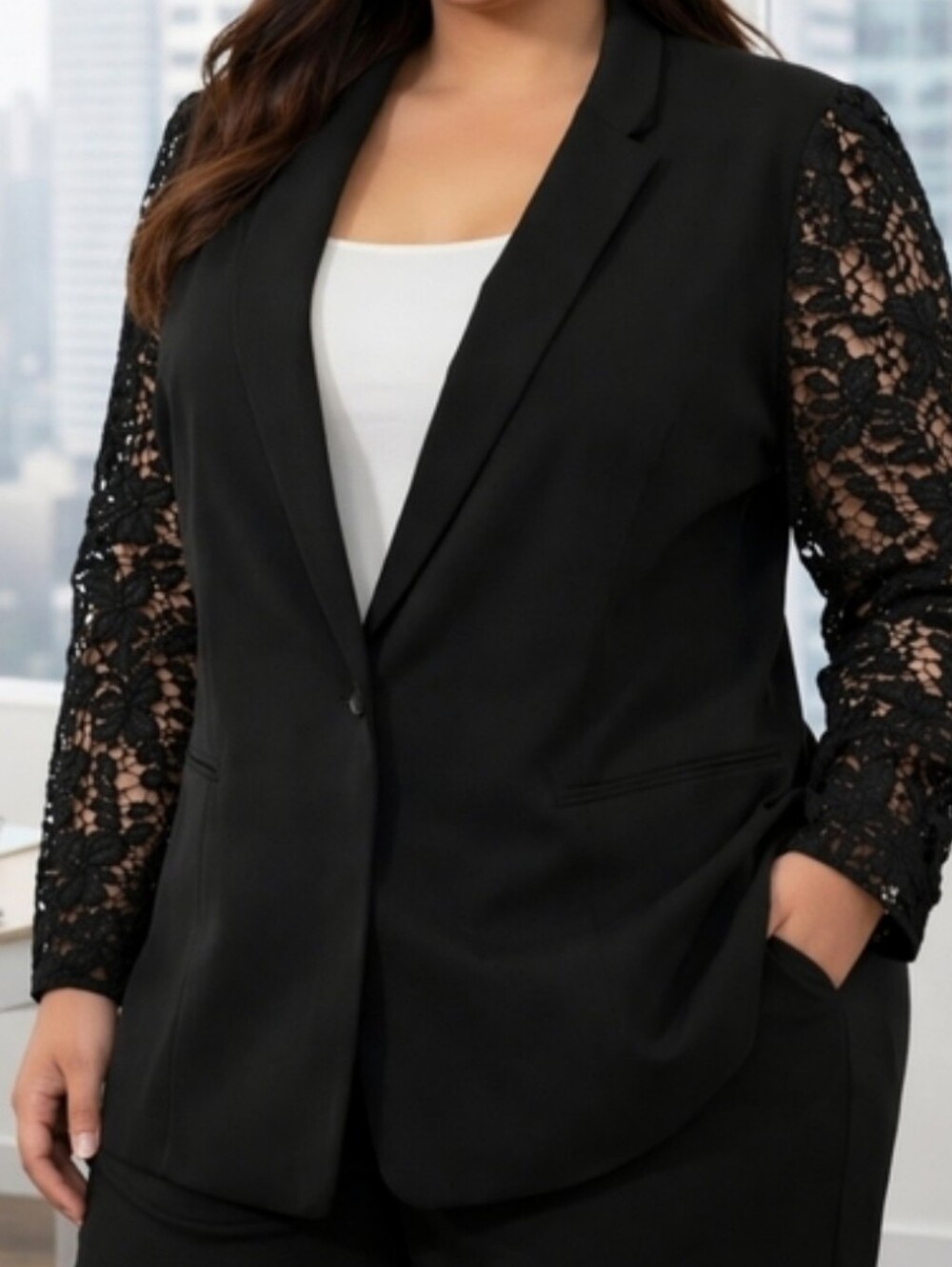 Jessica London Lace Sleeve Lace Back Blazer Black 24W